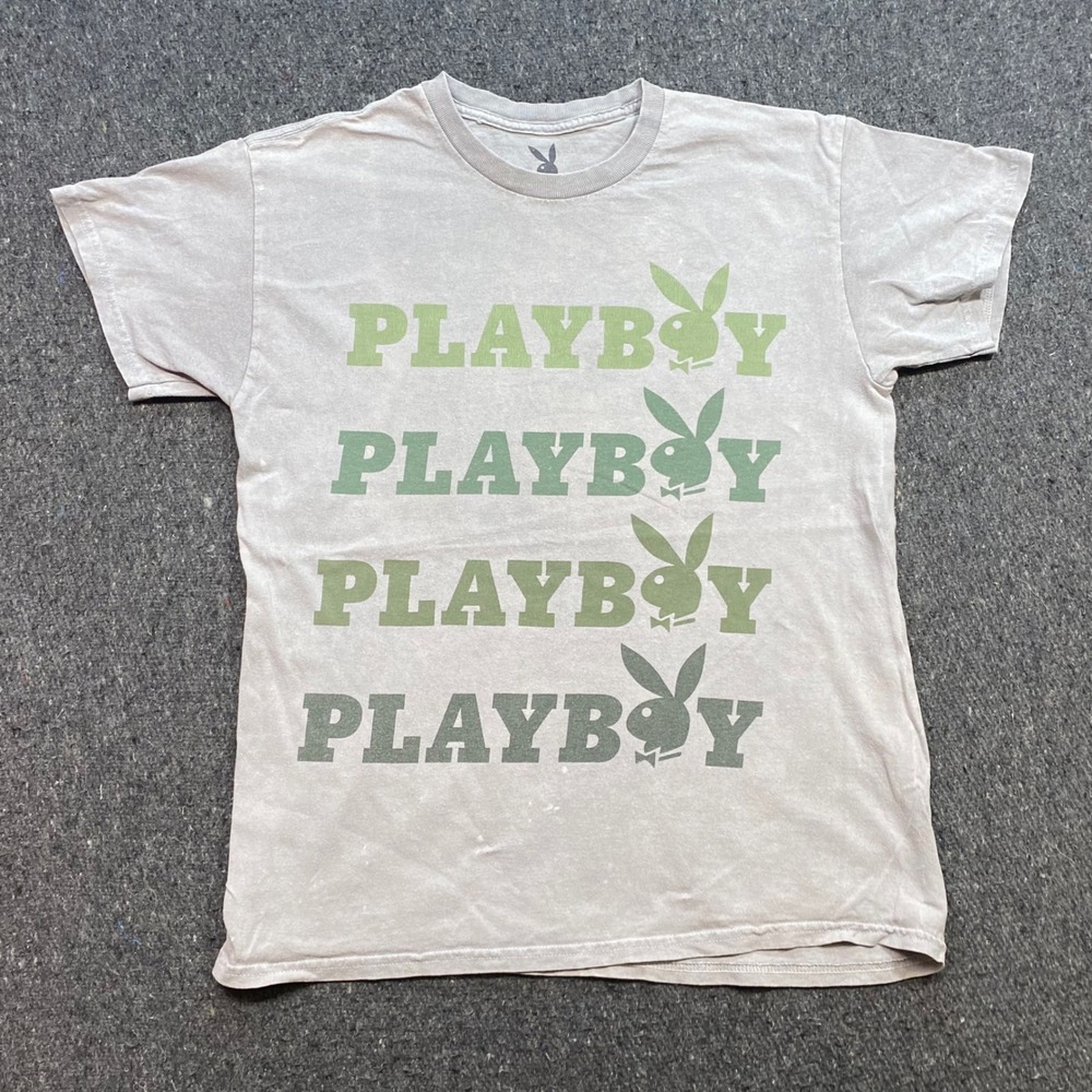 Playboy Graphic TShirt Sz M Mens Tan Streetwear Stacked Green Logo Rabbit Head